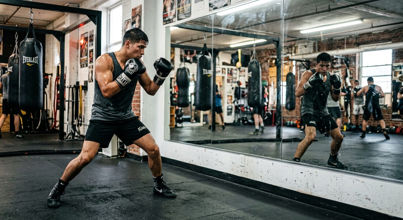 Fighter practicing defensive head movement training in front of boxing gym mirror with focused concentration