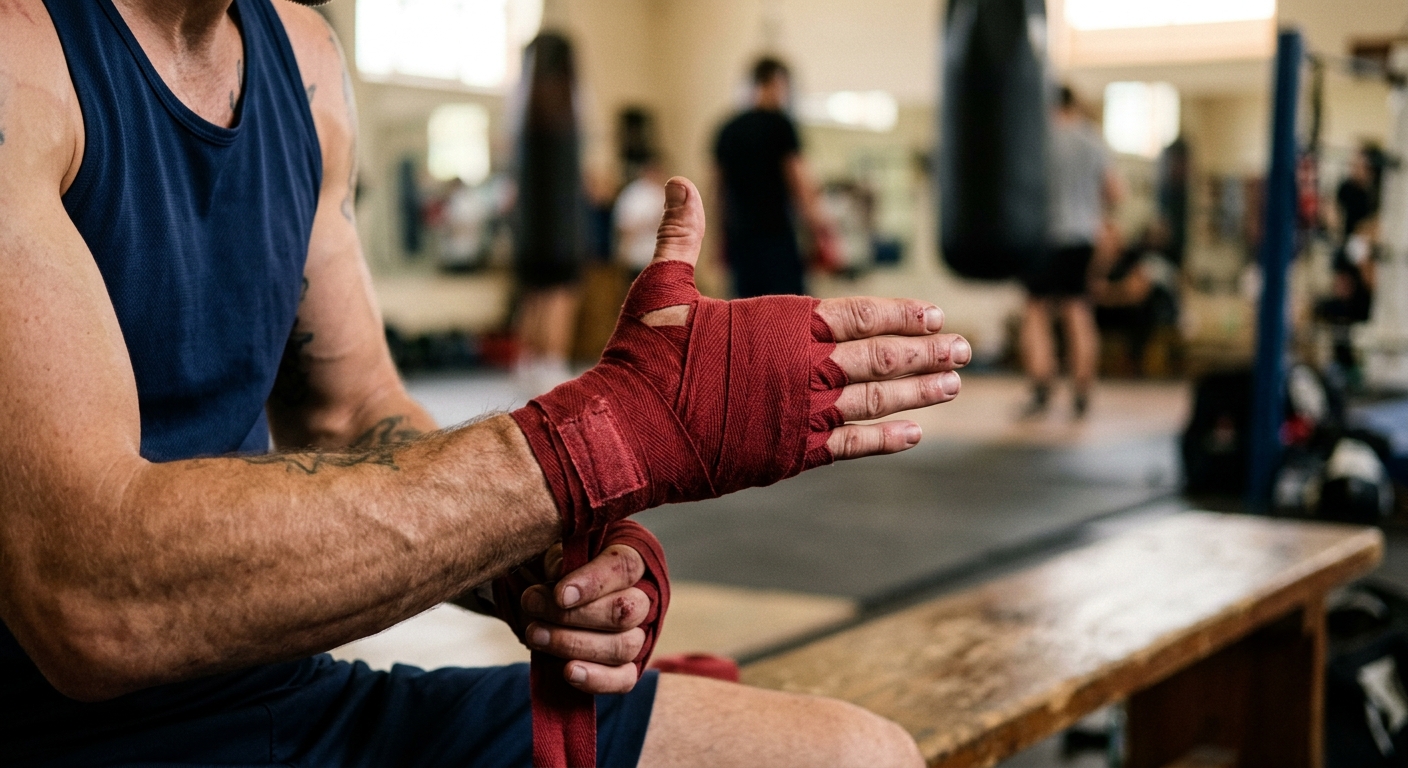 Close-up of hands wrapping boxing hand wraps showing preparation ritual