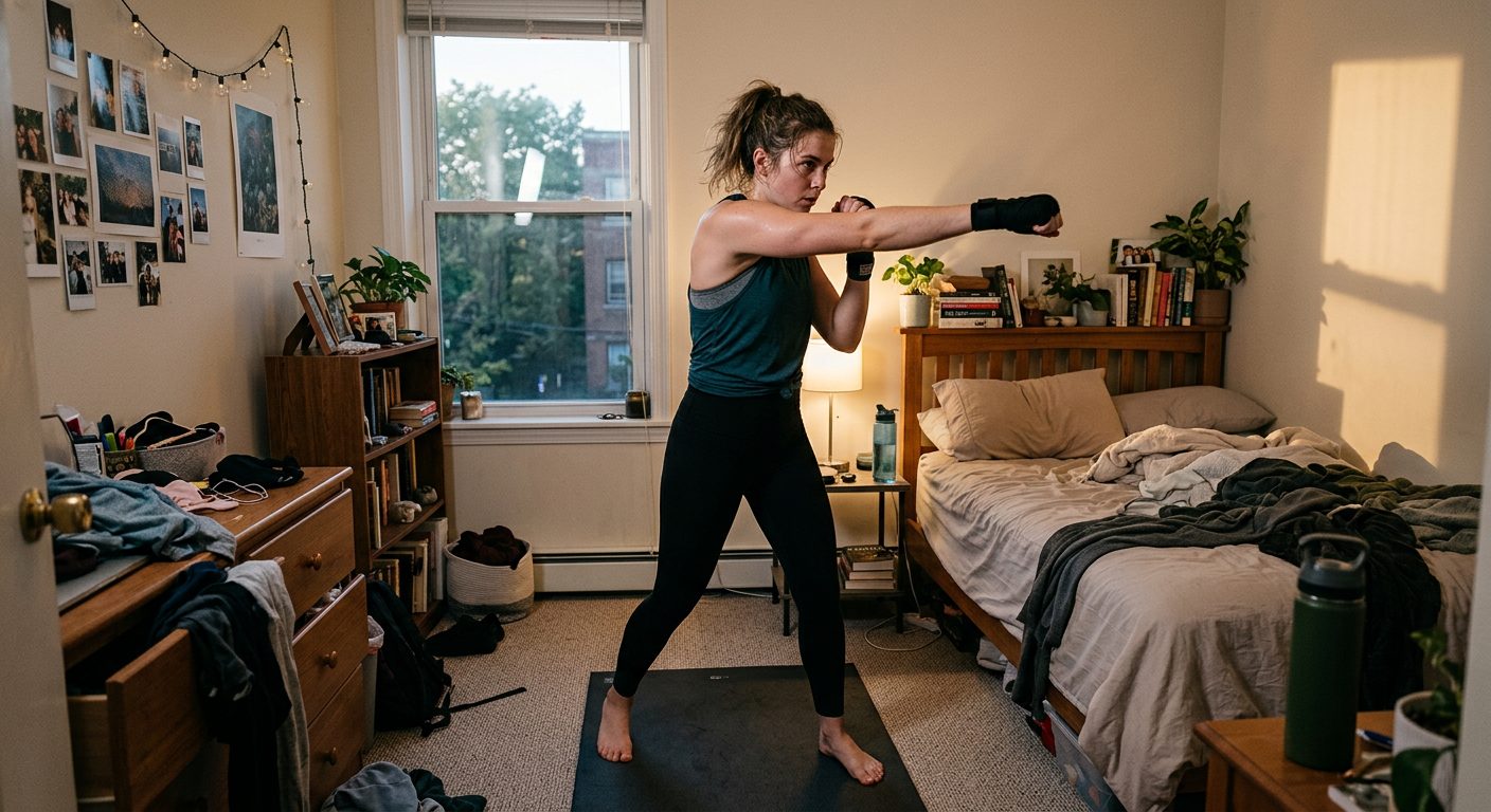 Person shadow boxing in bedroom showing minimal space needed for stress relief