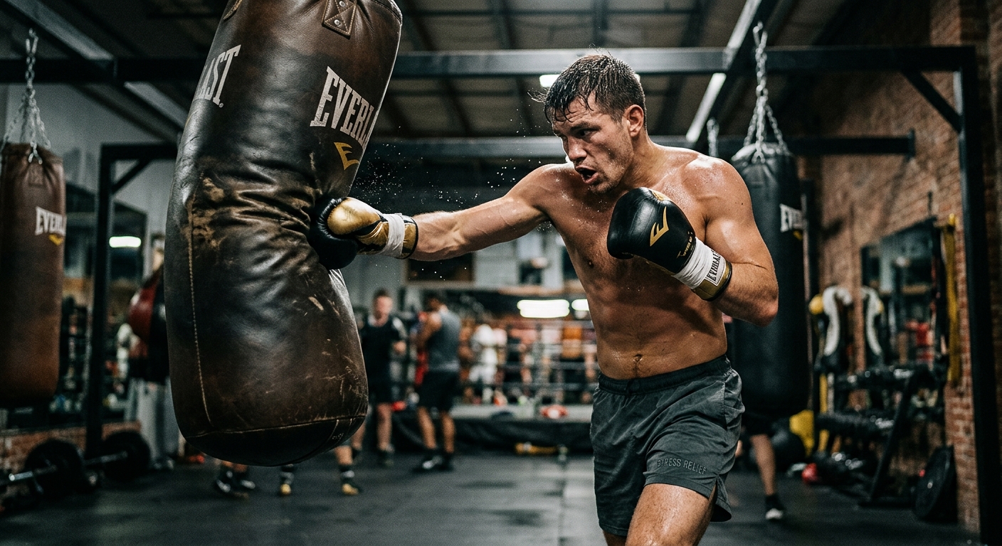 Person hitting heavy bag with intense focus showing stress release in action