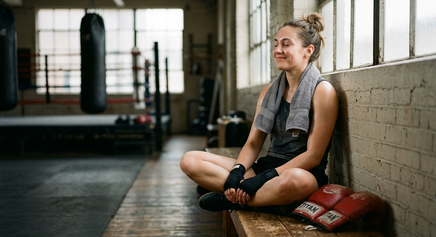 Person sitting post-workout with calm satisfied expression showing stress relief achieved