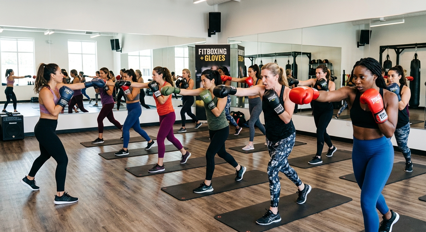 Diverse group of women in boxing fitness class doing shadowboxing