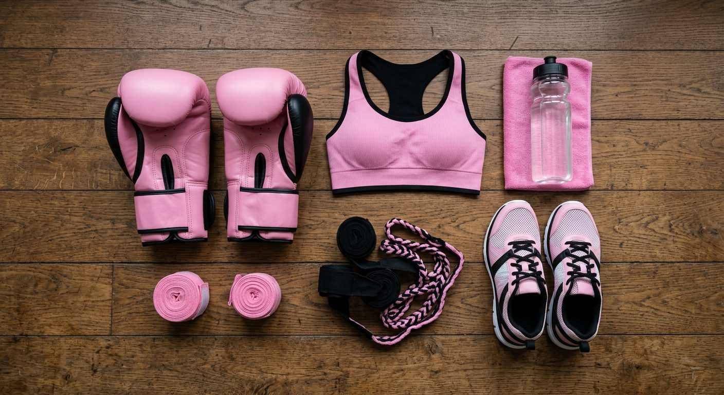 Women's boxing equipment laid out - gloves, hand wraps, shoes, water bottle