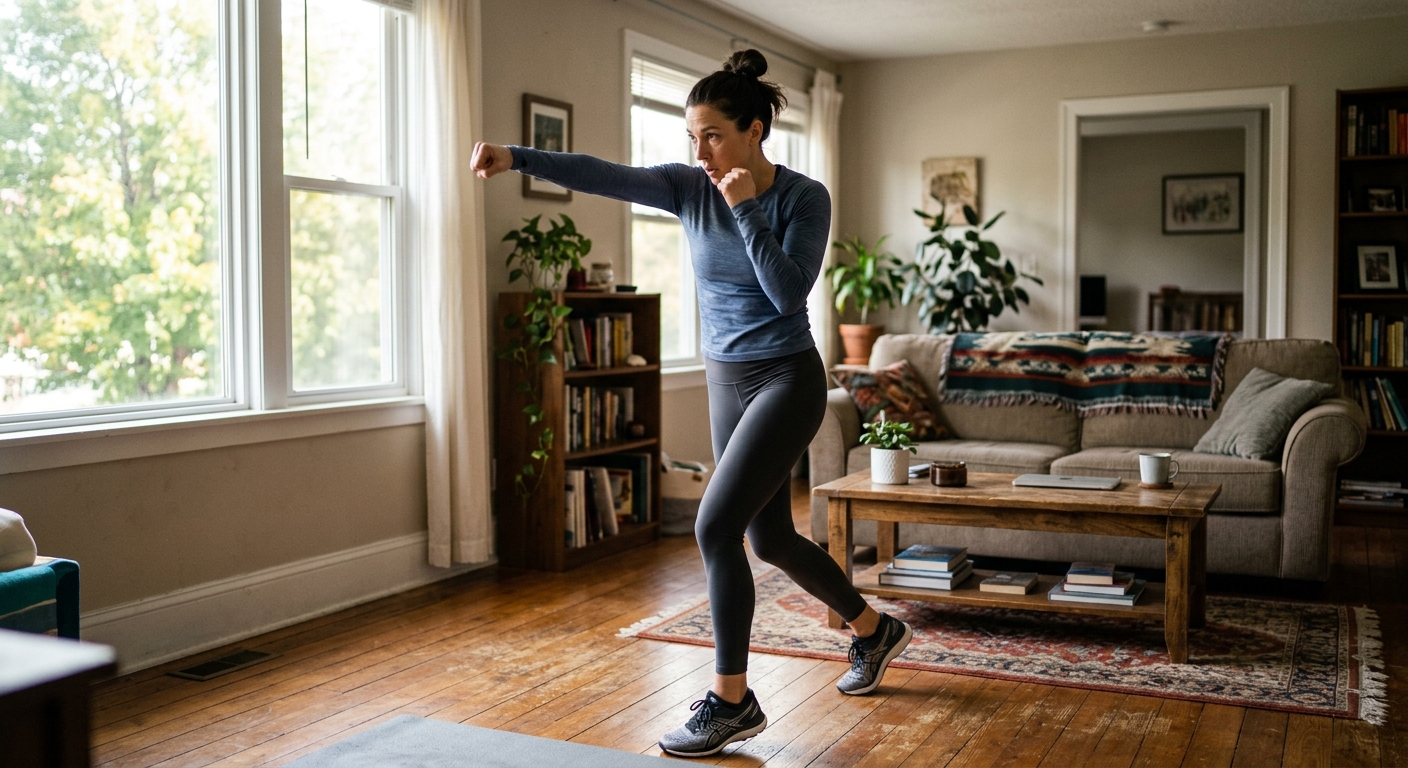 Woman doing shadow boxing at home in living room