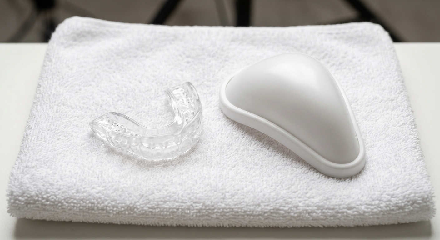 Professional mouthguard and groin protection cup on clean white surface
