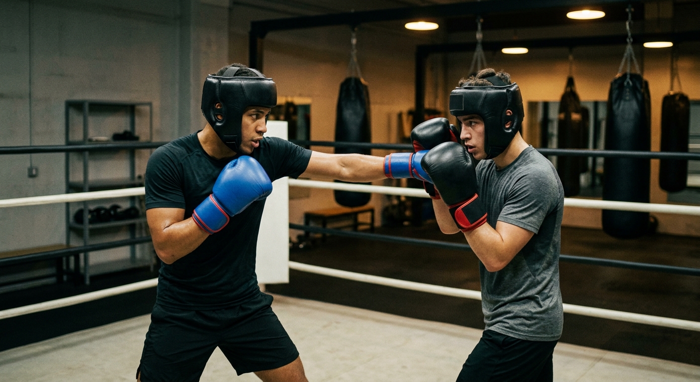 Two boxers engaged in controlled sparring practice wearing full protective gear in boxing gym