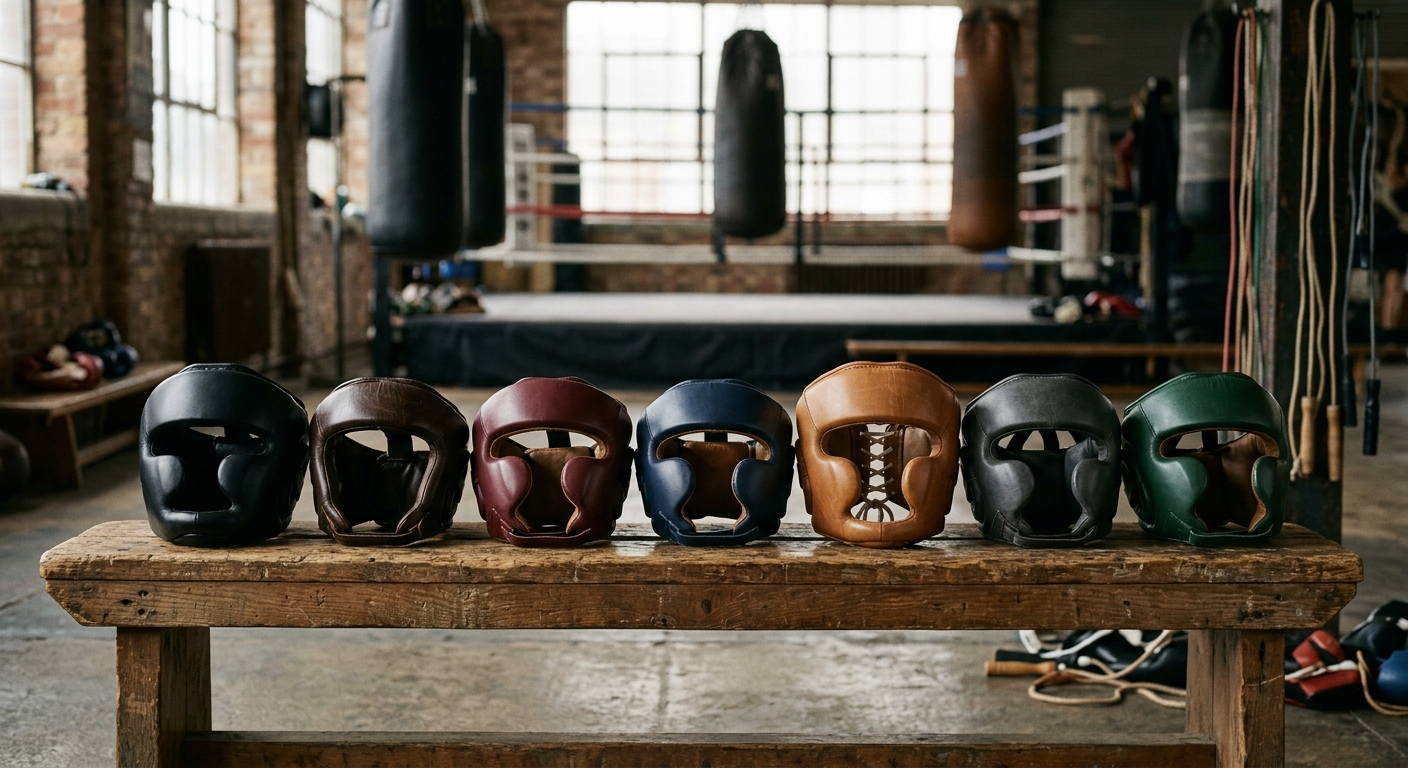 Various styles of boxing headgear arranged on wooden gym bench