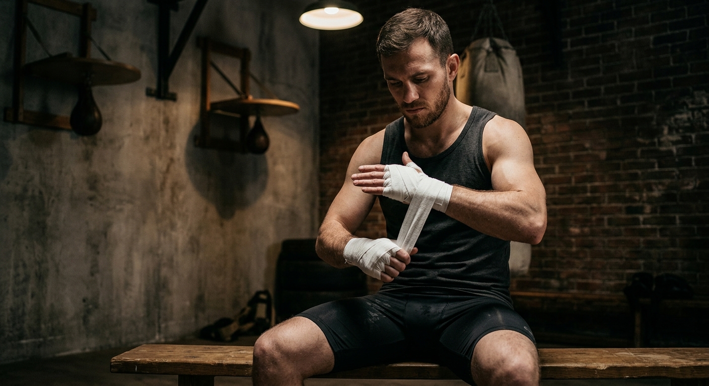 Boxer carefully wrapping hands with white cotton hand wraps in gym corner