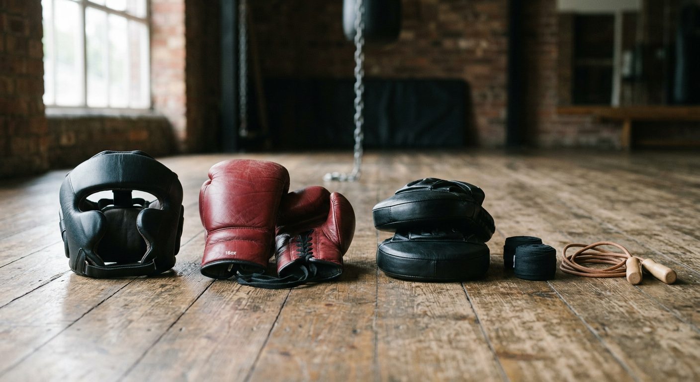 Boxing equipment organized in order of purchase priority on clean gym floor