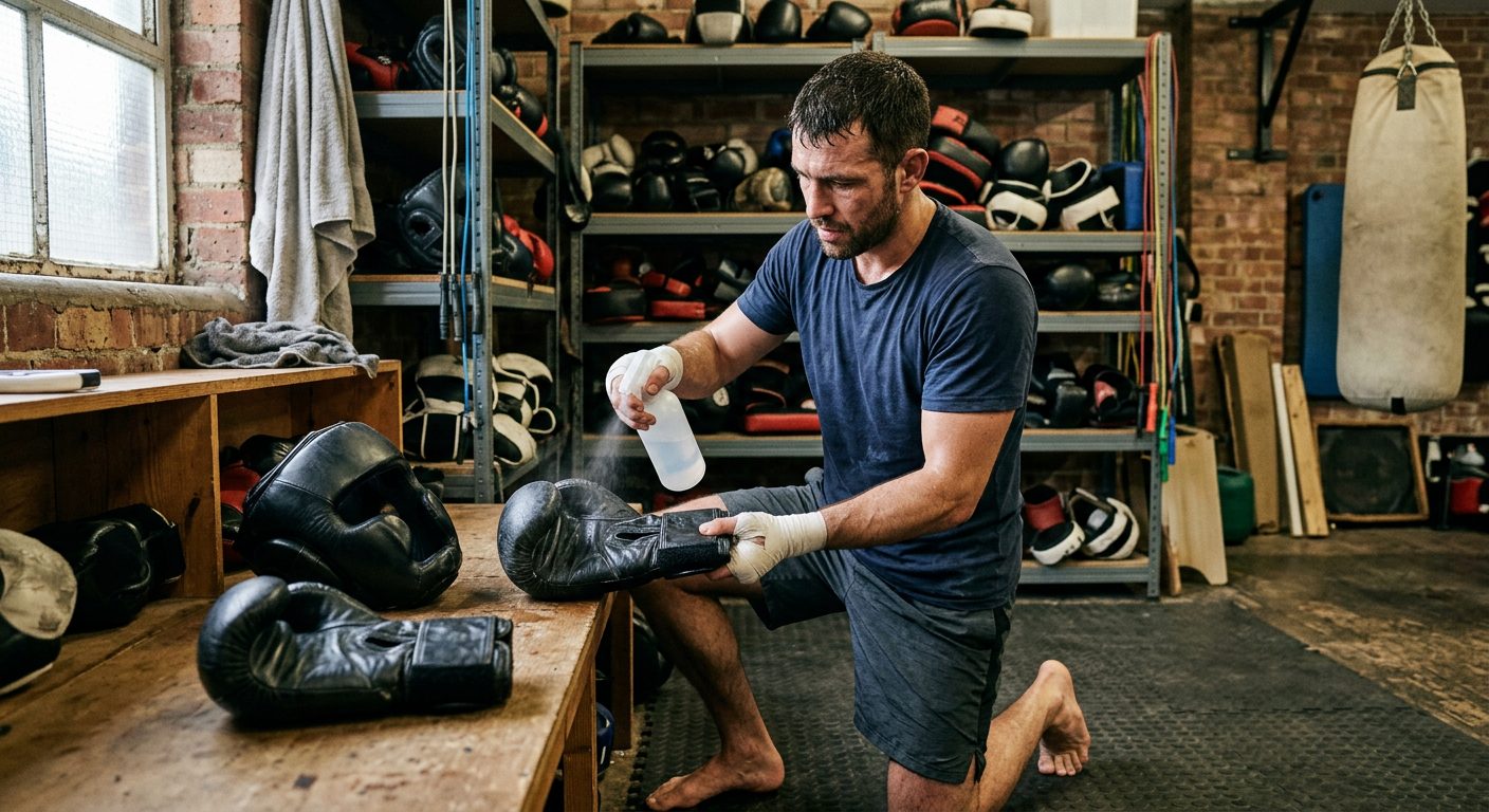 Boxer cleaning and maintaining sparring equipment after training session
