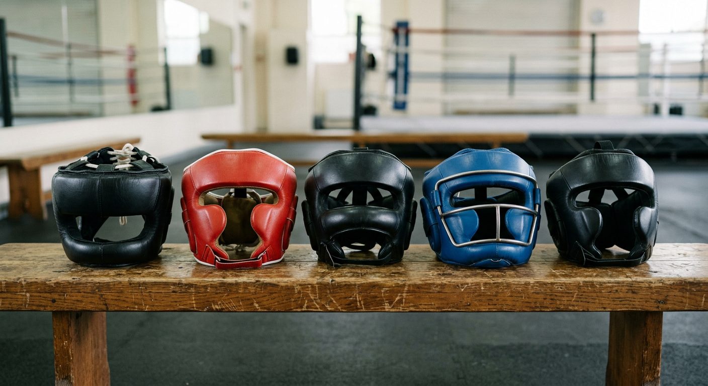 Various types of boxing headgear arranged on gym bench