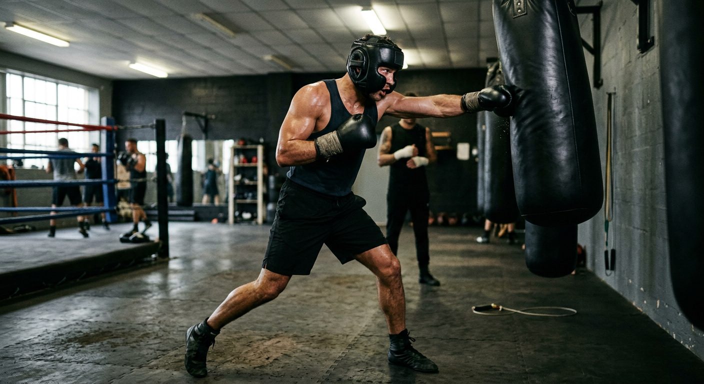 Boxer in competition headgear during training