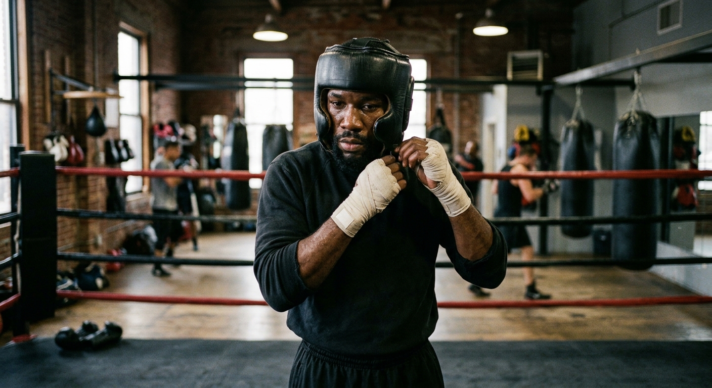 Advanced boxer adjusting lightweight headgear before sparring