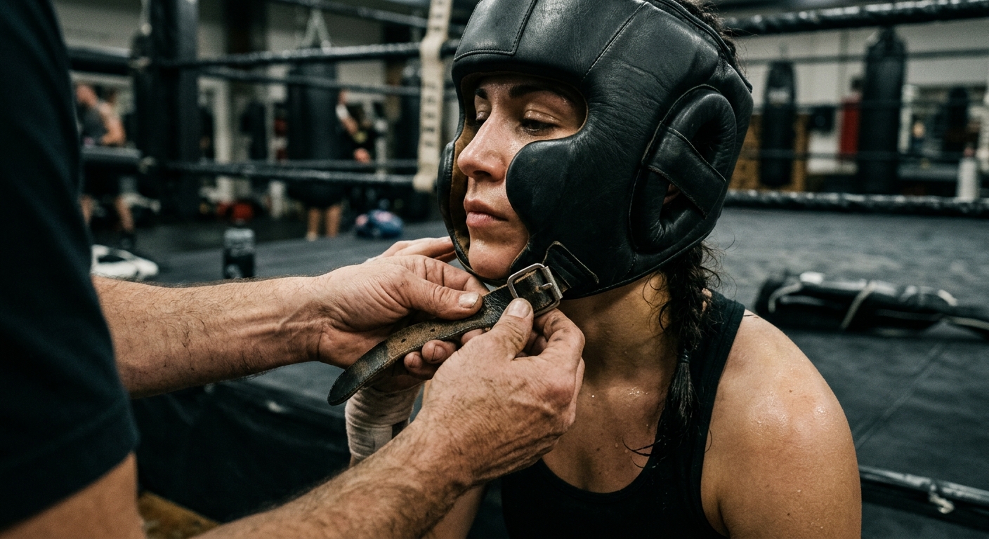 Hands adjusting boxing headgear straps