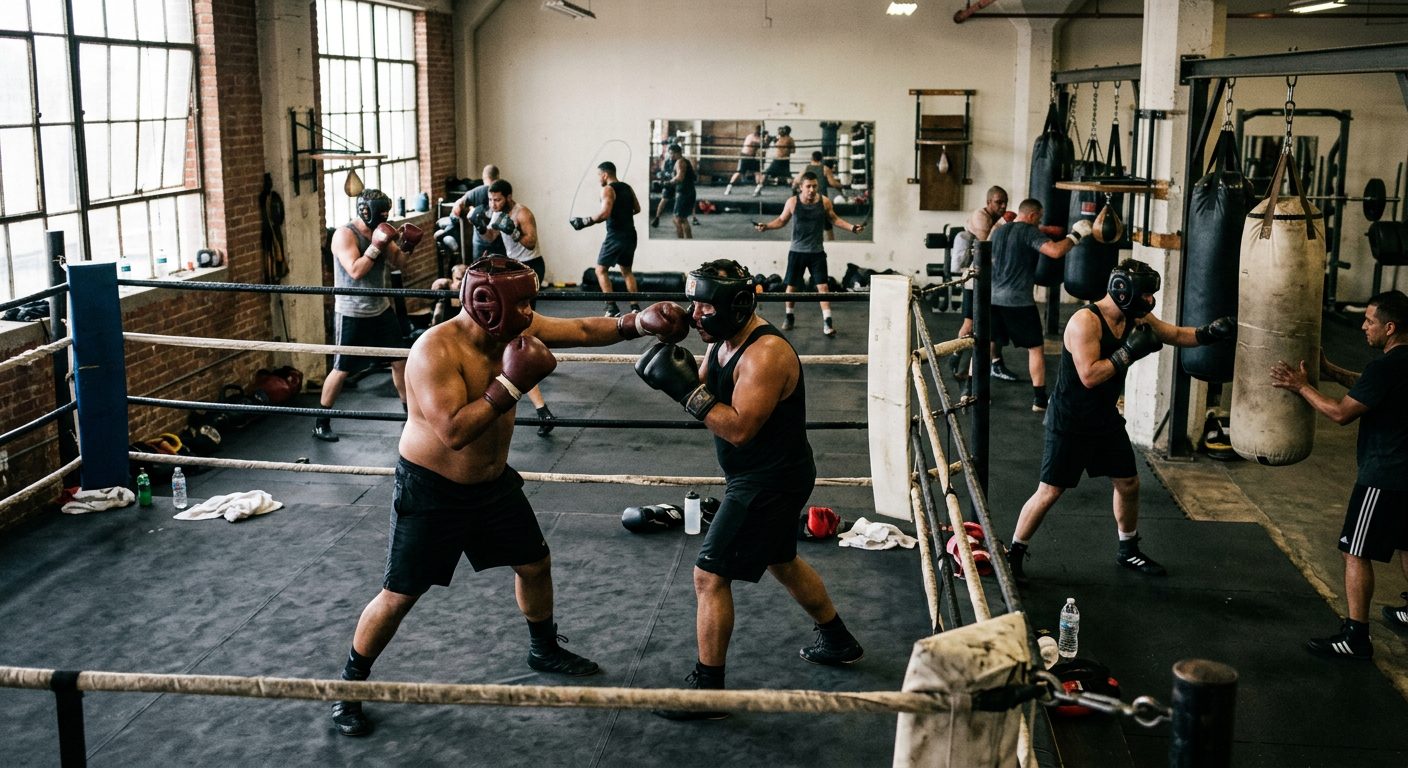 Professional boxing gym with fighters using headgear