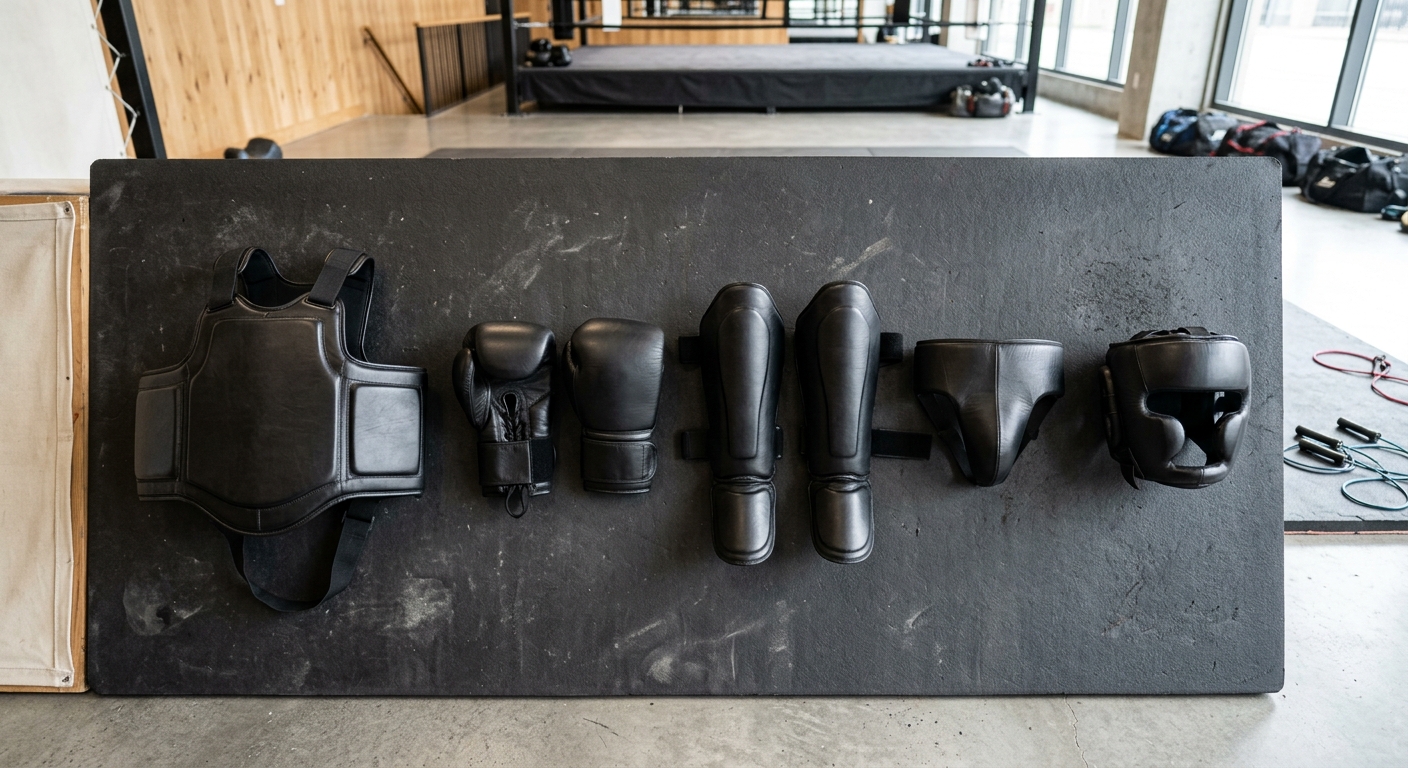 Boxing body protector and protective equipment displayed for sparring safety