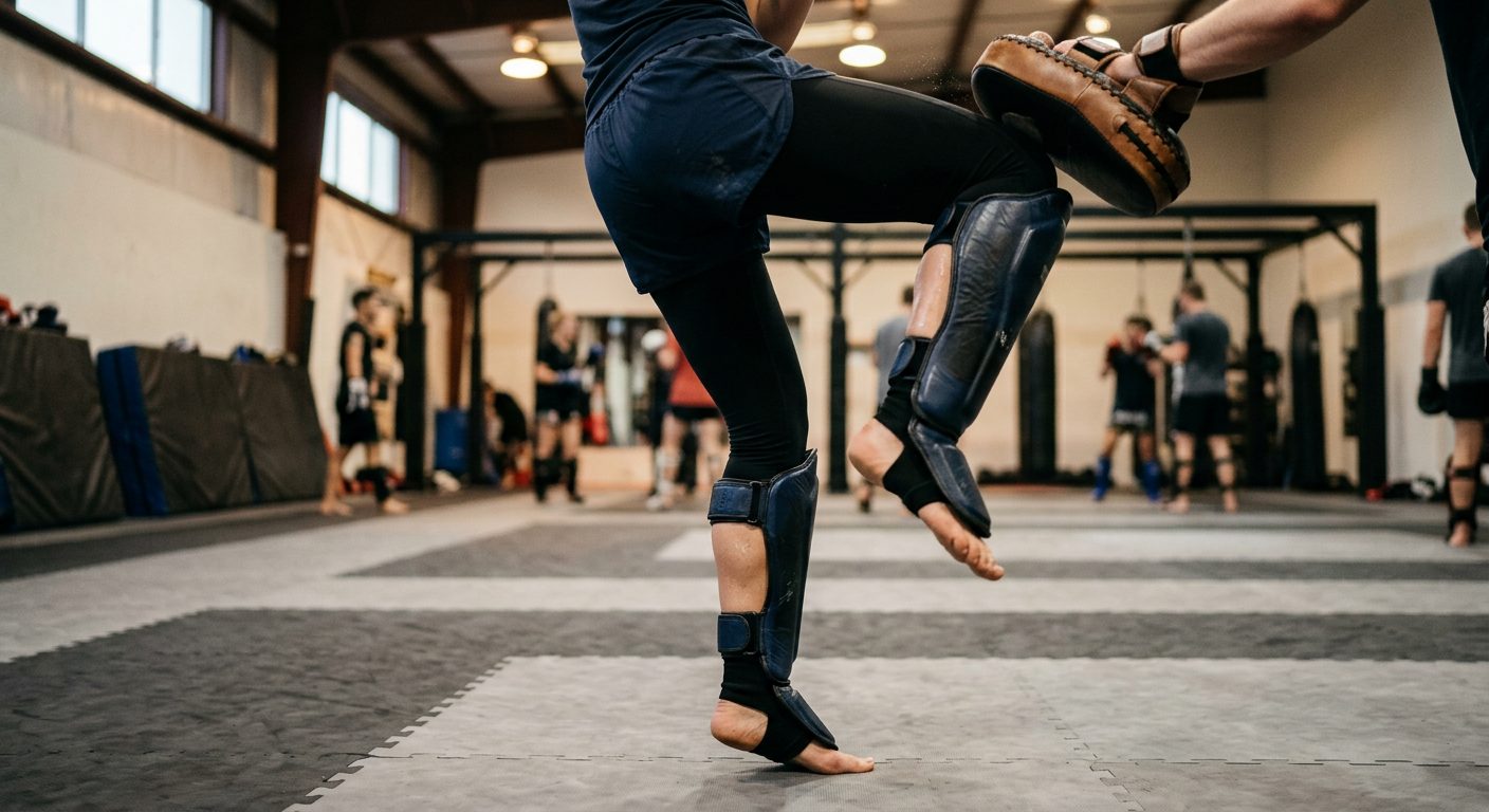 Fighter wearing shin guards during kickboxing training session