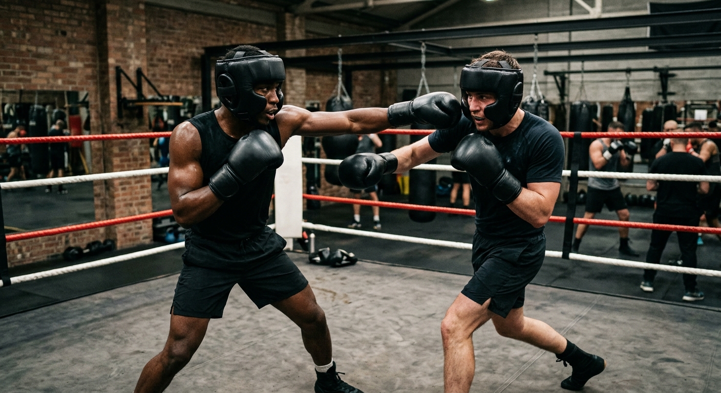 Boxers engaged in sparring session with proper timing and technique