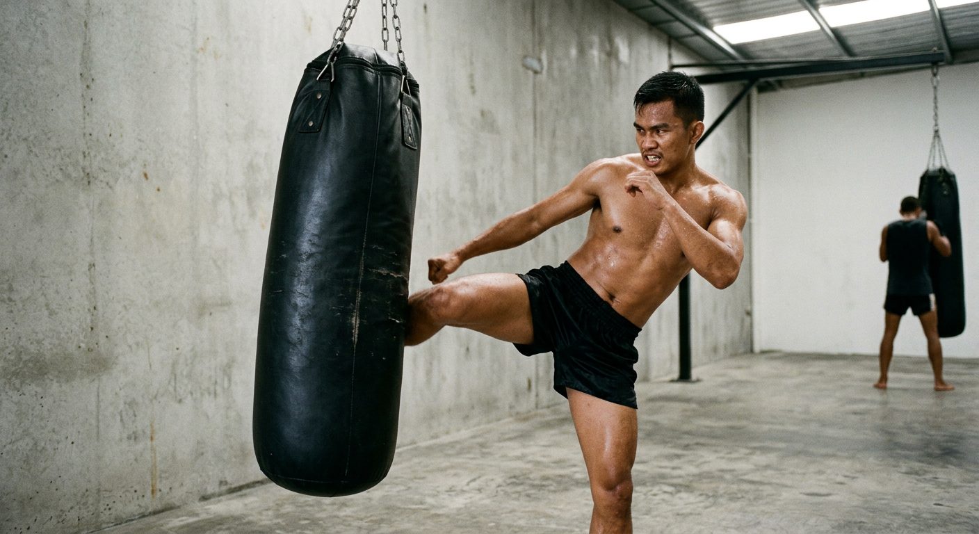 Athlete practicing Muay Thai kicks on heavy bag
