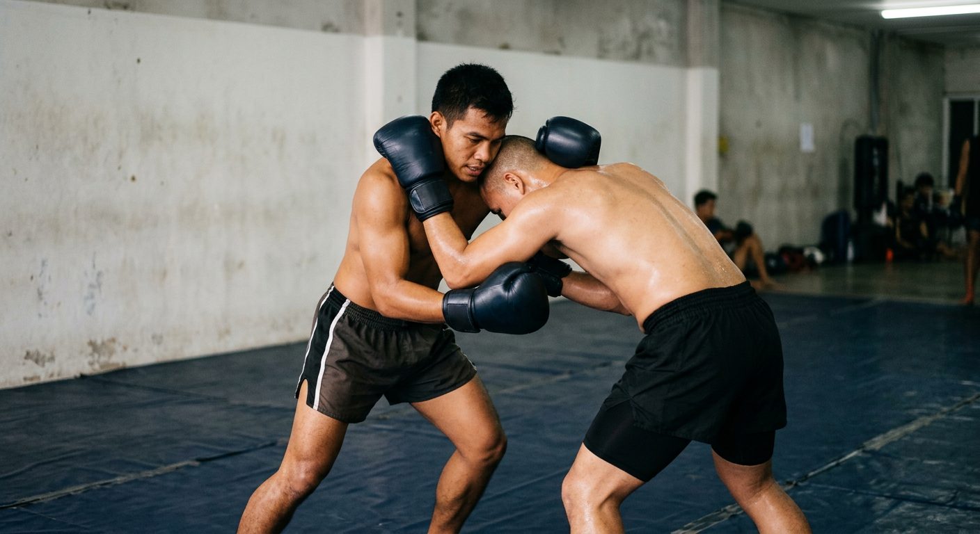 Two athletes training Muay Thai clinch techniques