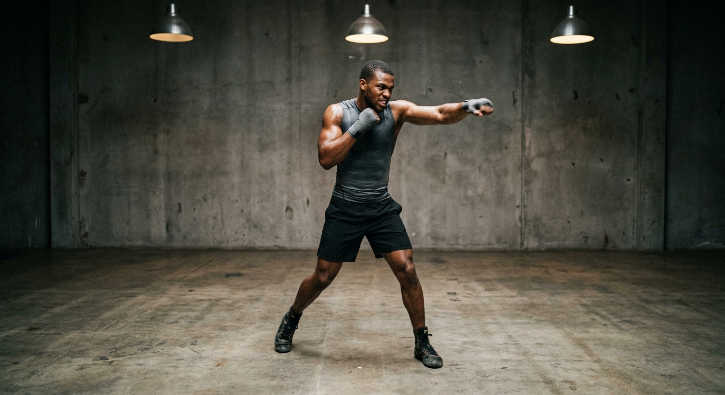 Athlete shadowboxing and practicing footwork in empty gym