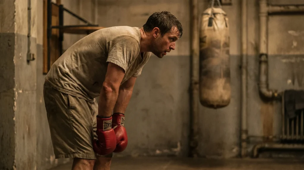 Beginner boxer hunched over in exhaustion after hitting the heavy bag too hard