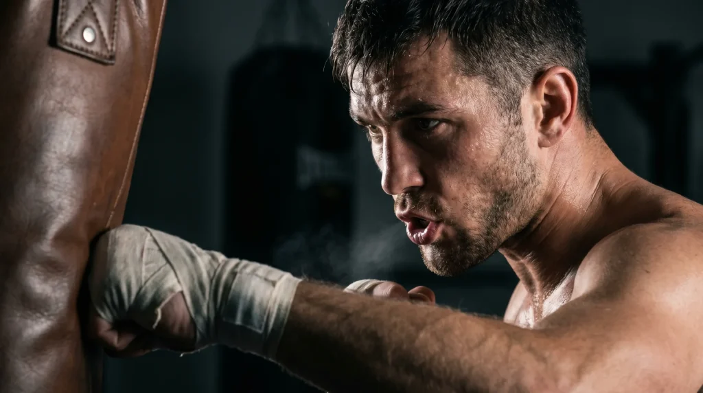 Boxer exhaling sharply on punch impact during heavy bag training