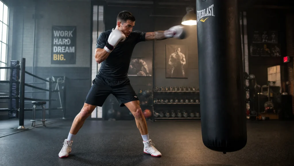 Fit boxer in athletic stance during a structured heavy bag training session