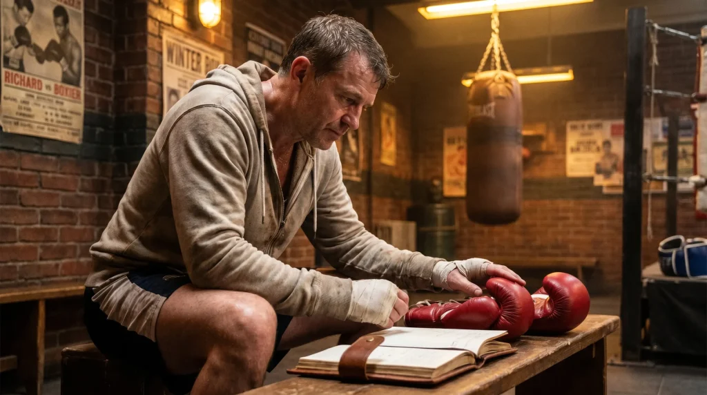 Boxer reviewing training log in gym with heavy bag in background