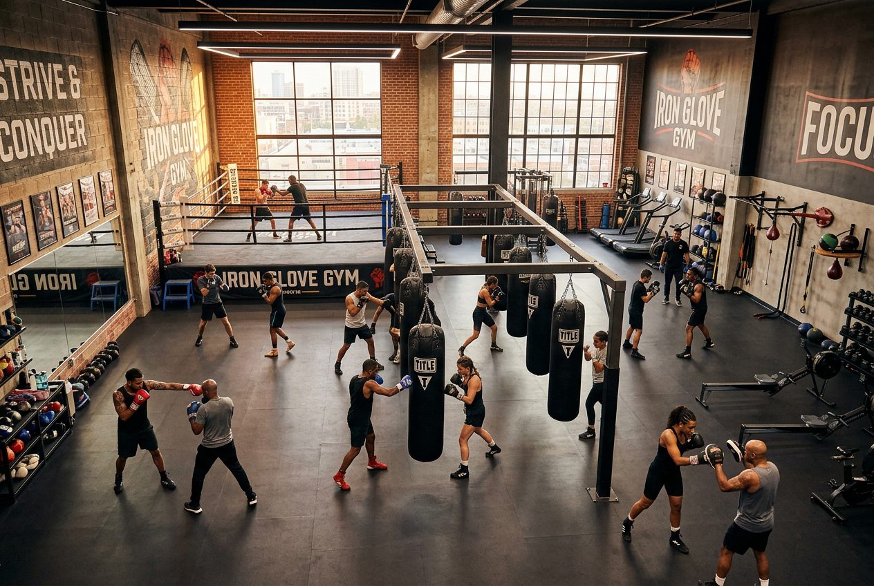 Professional boxing gym interior with heavy bag and open training space