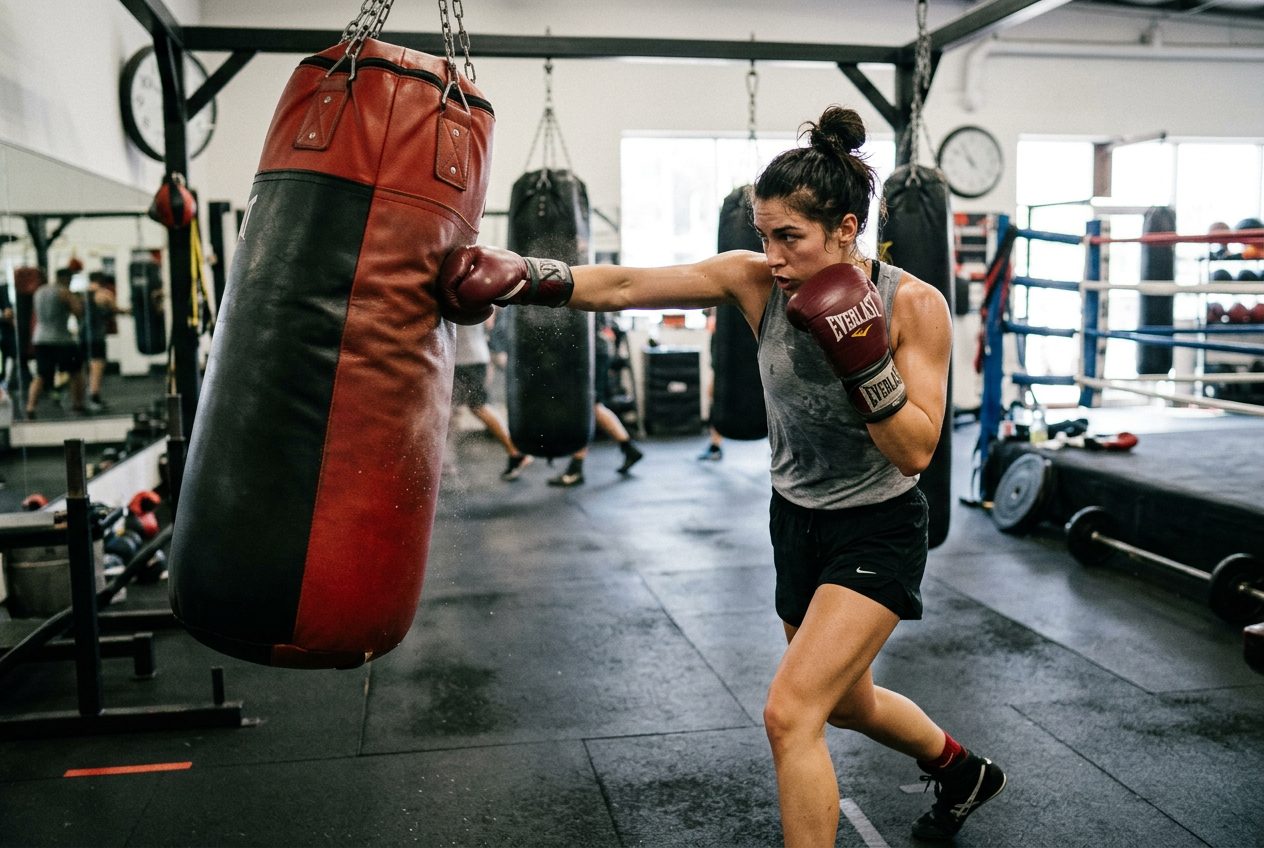 Person actively training on heavy bag showing proper punching technique