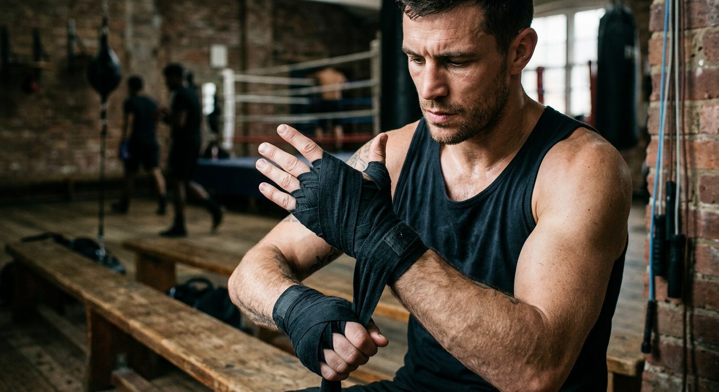 Close-up of boxer wrapping hands in preparation for training, showing proper preparation ritual