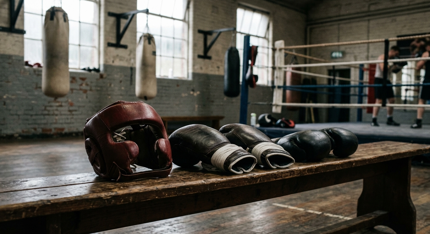 Boxing protective gear arranged on gym bench, including headgear and gloves for safe sparring
