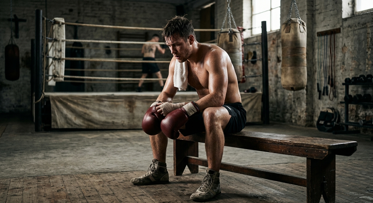 Boxer resting after training round, sitting with towel over shoulder in authentic gym setting
