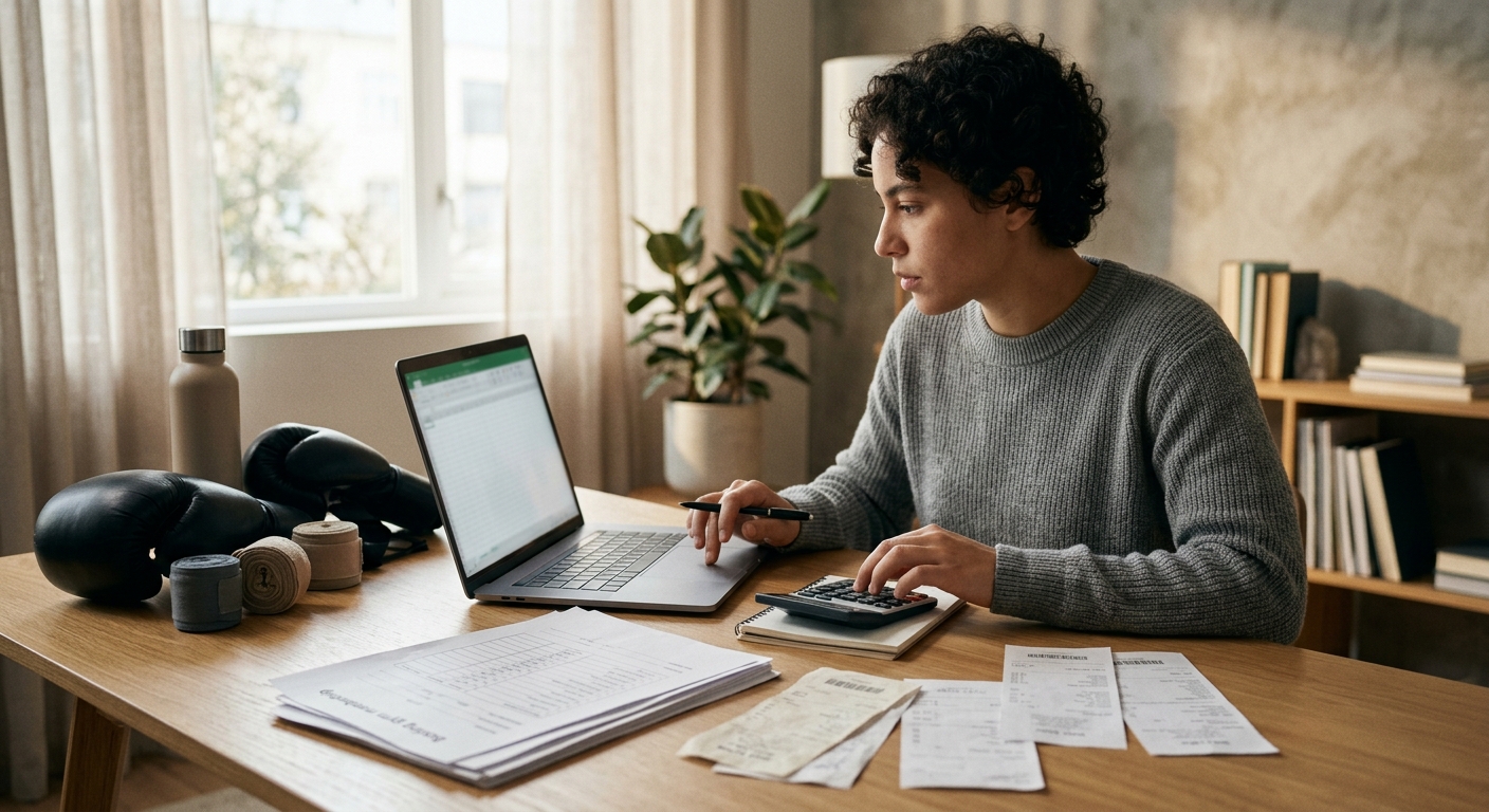 Person calculating monthly expenses with boxing gym membership documents on desk