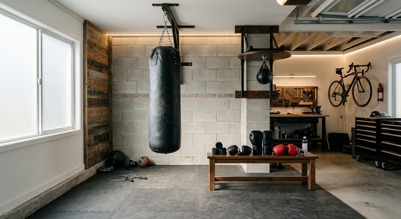 Well-equipped home boxing gym setup with heavy bag and equipment