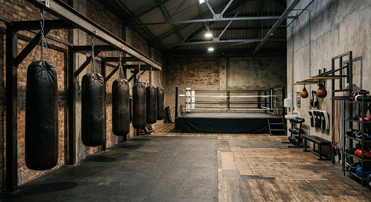 Professional boxing gym interior with multiple heavy bags and equipment