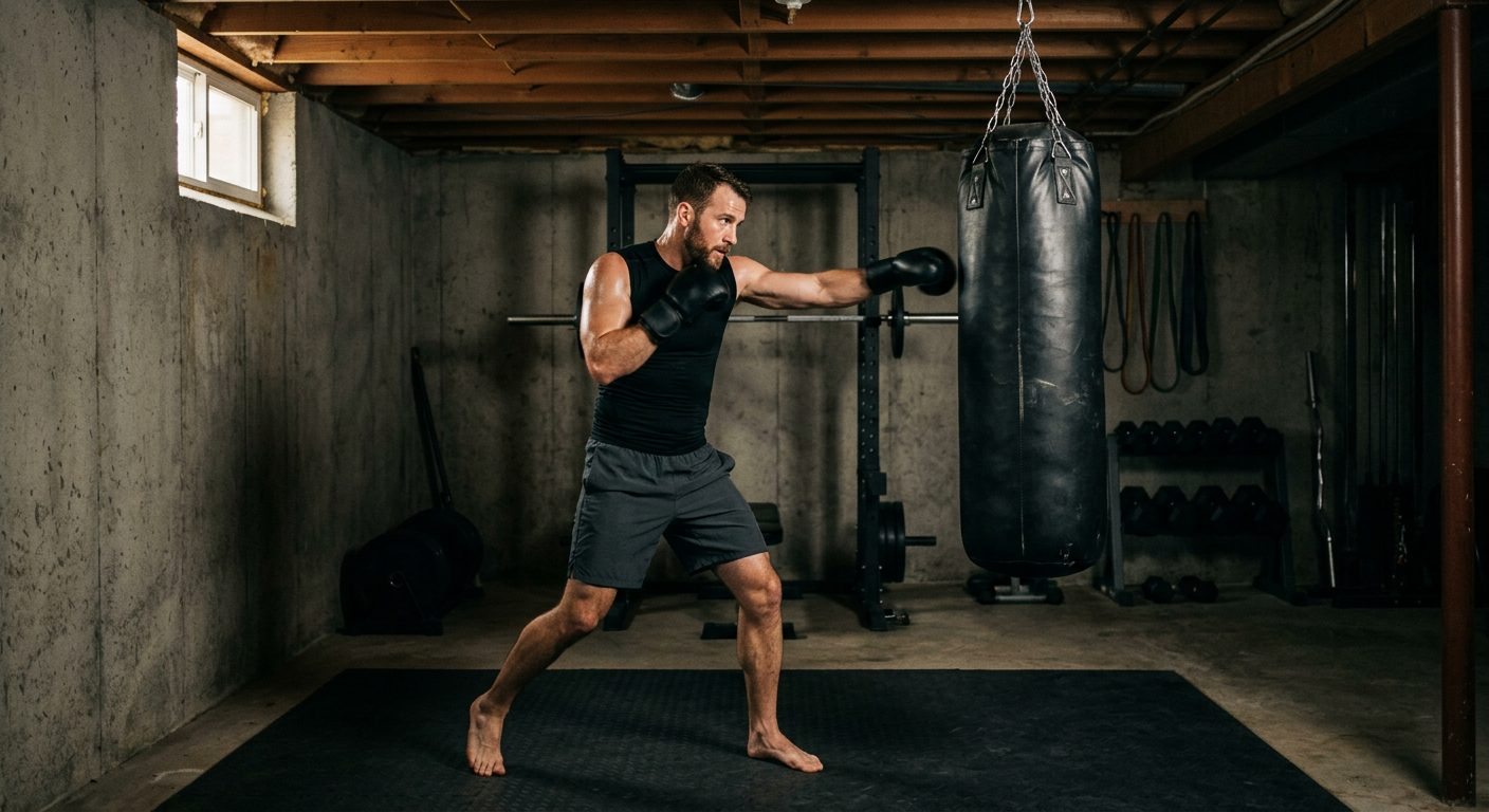 Person shadow boxing in home gym next to heavy bag