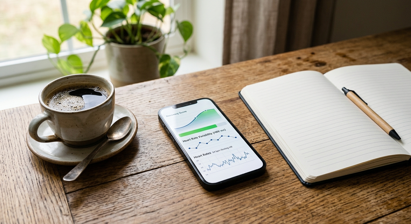 Smartphone displaying recovery tracking app with heart rate data on wooden table