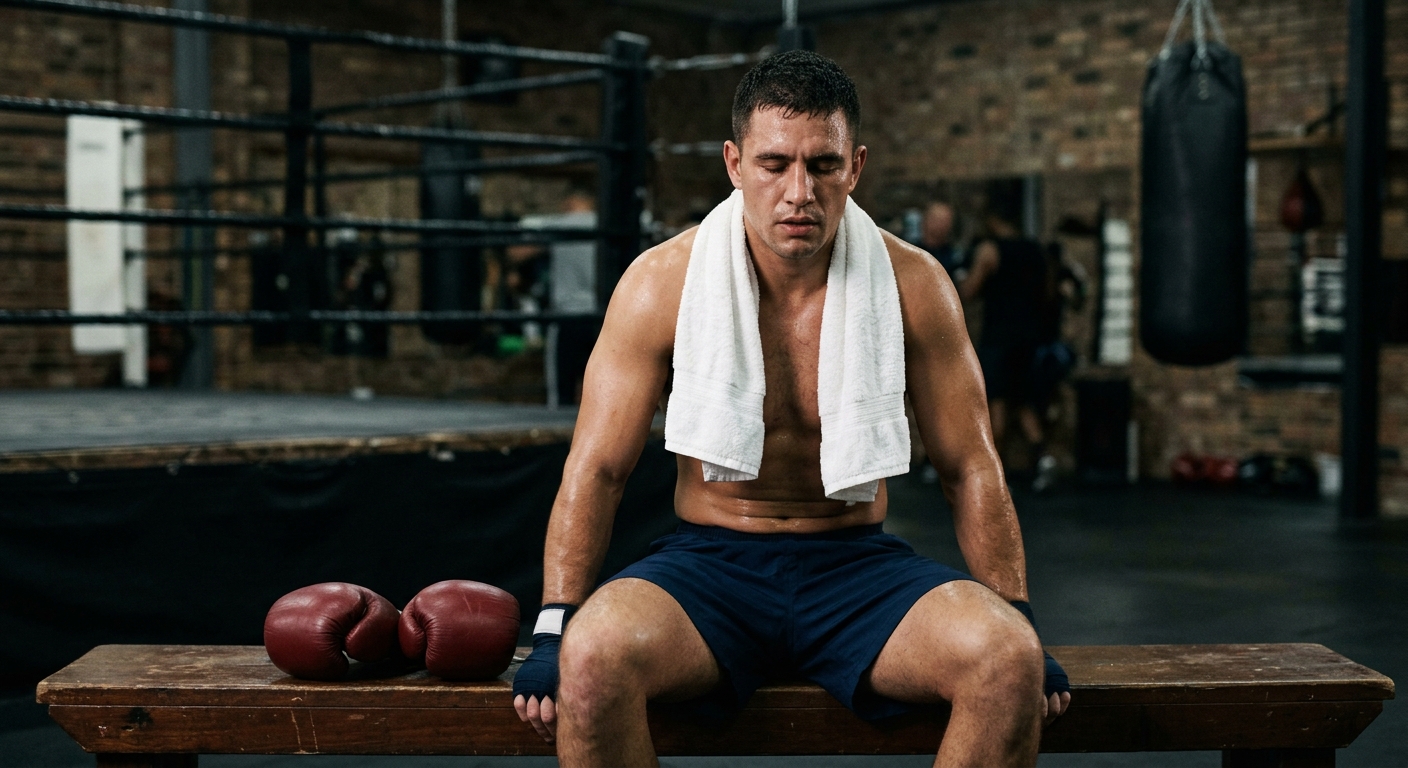 Boxer taking a breathing break between rounds with towel over neck