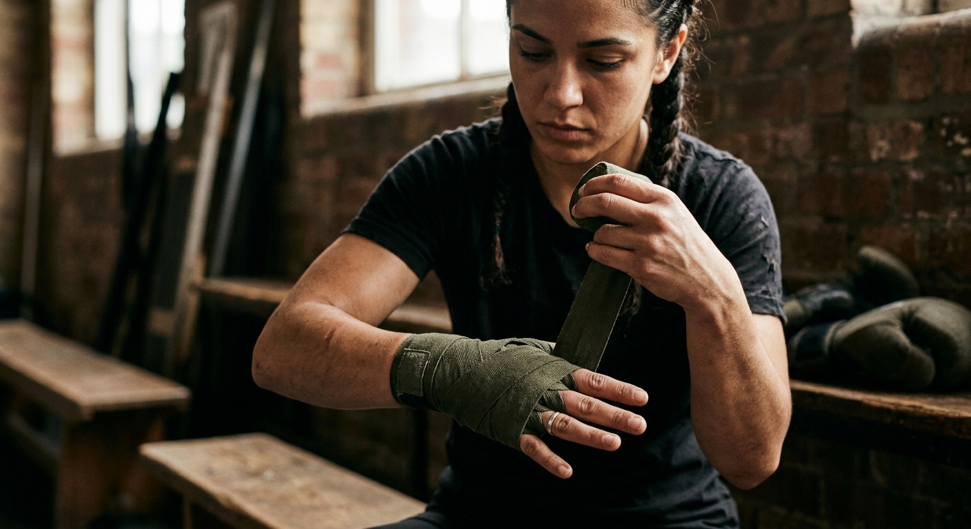 Close-up of hands wrapping for boxing training in focused preparation