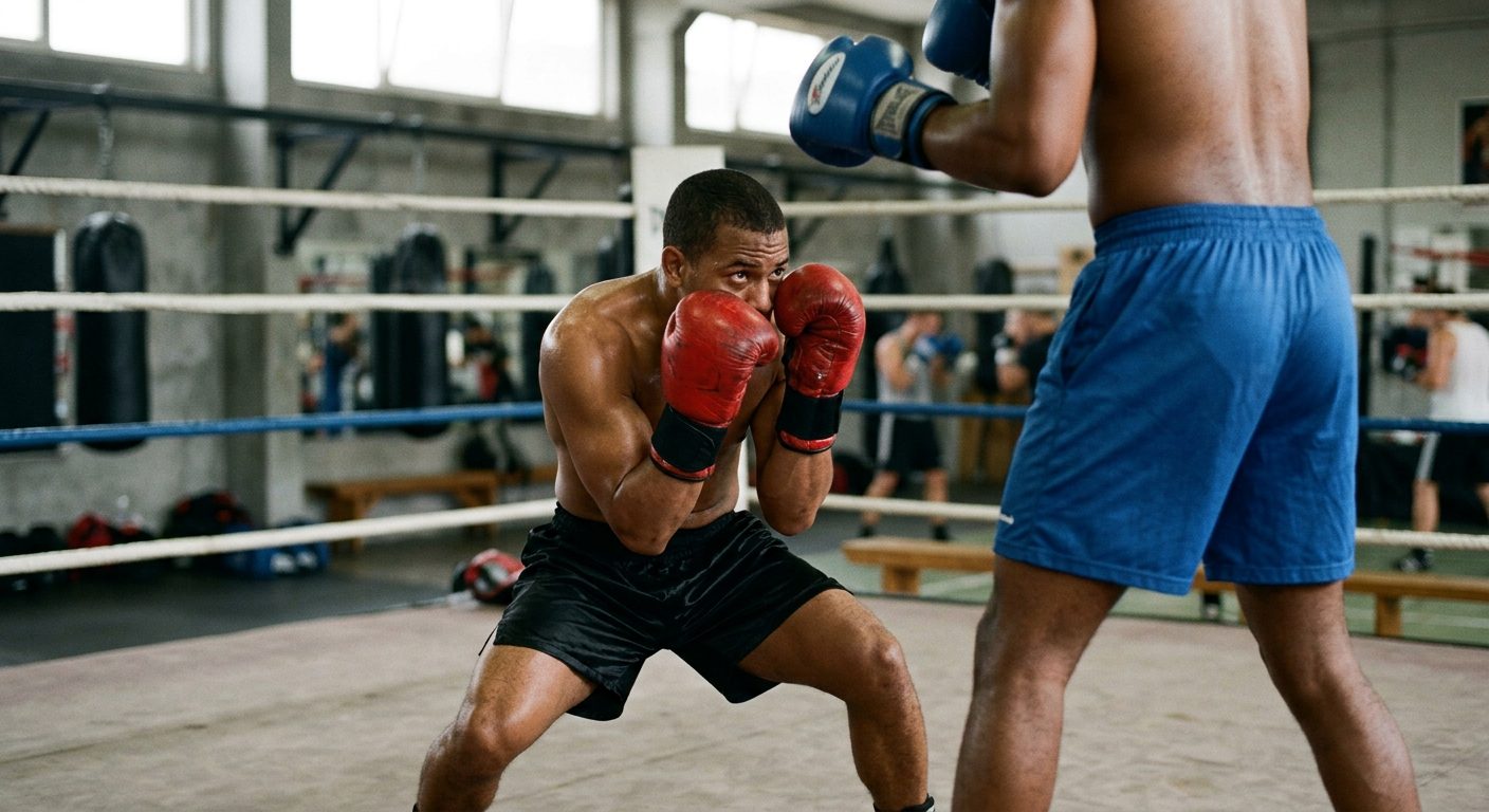 Shorter boxer demonstrating low, compact stance against taller opponent