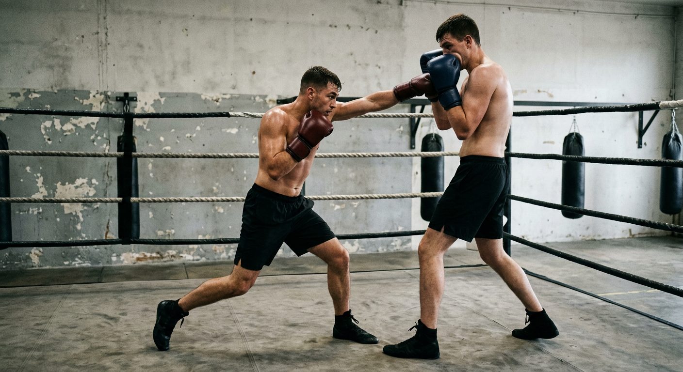 Boxer demonstrating step-jab technique to close distance