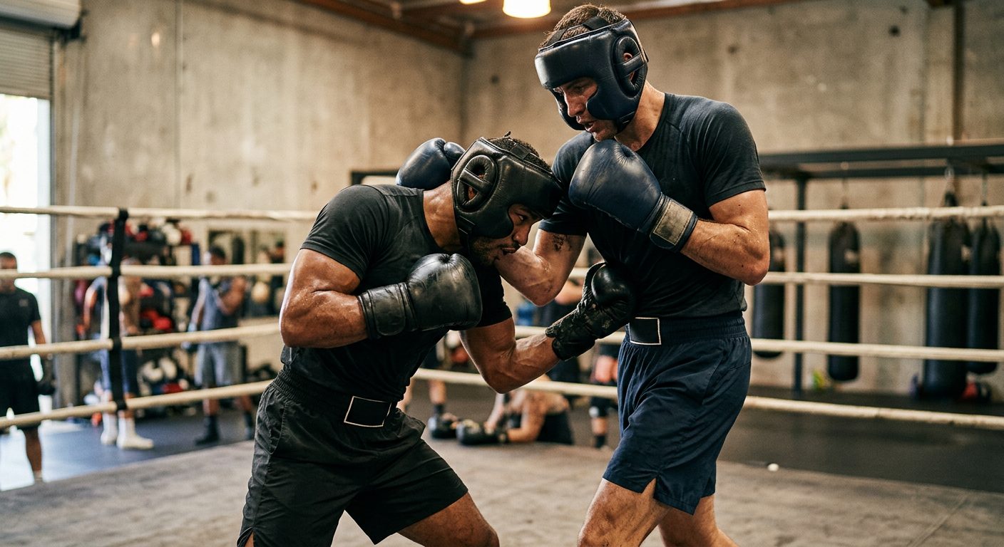 Inside fighting demonstration showing body shot technique
