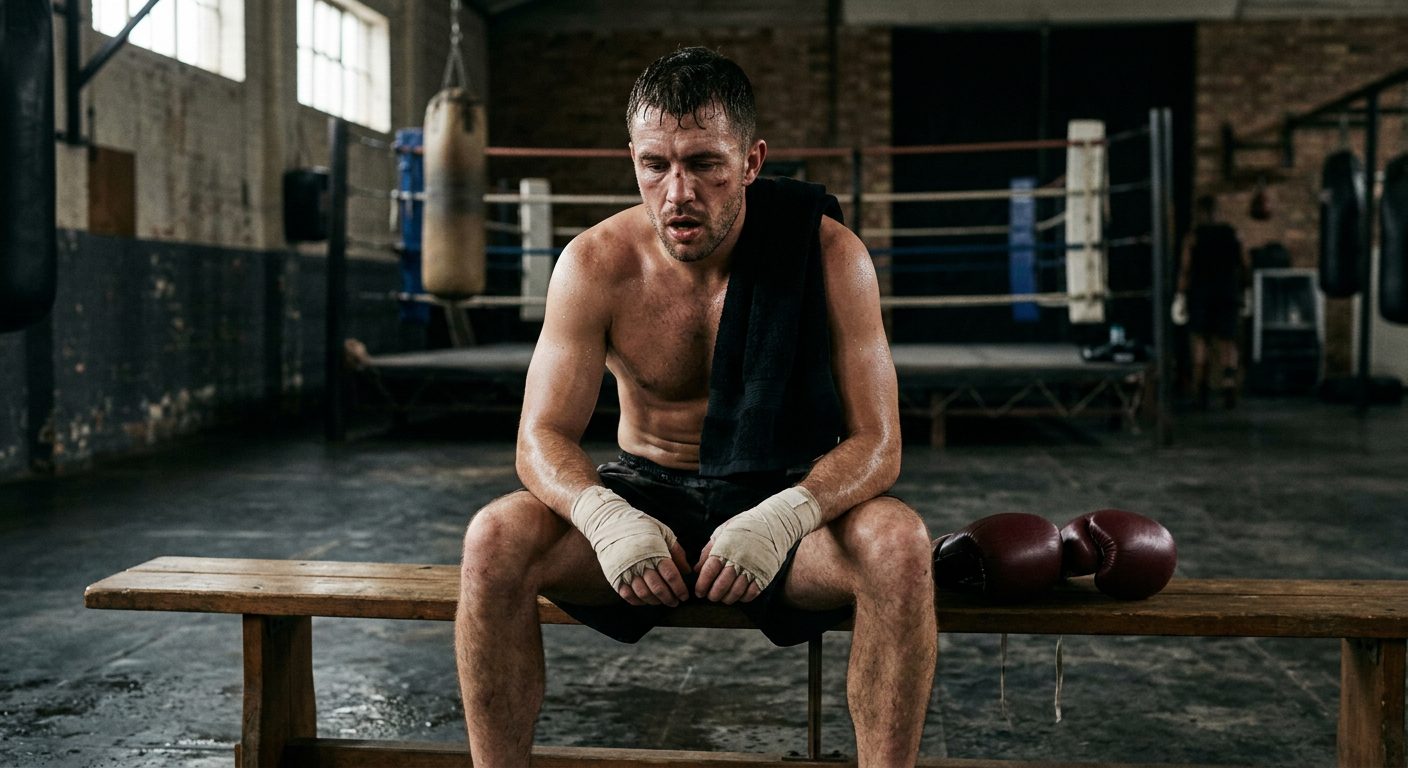Tired boxer resting between rounds, sitting on gym bench with towel and gloves, recovering after training