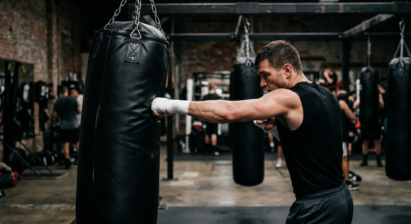 Boxer making proper contact with heavy bag showing wrist alignment