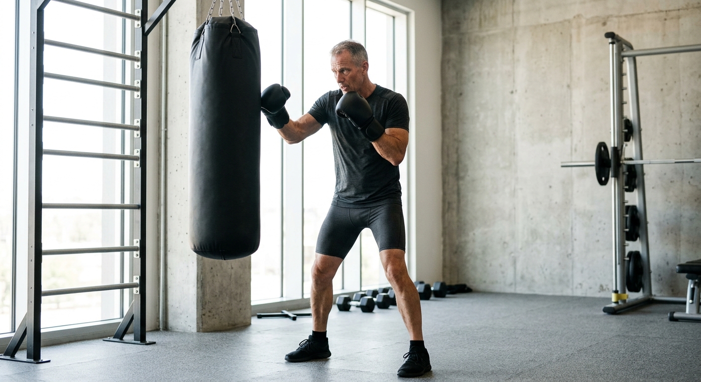 Fit 50-year-old man in boxing stance practicing in modern gym