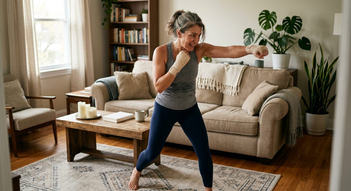 Mature woman practicing shadow boxing at home in living room