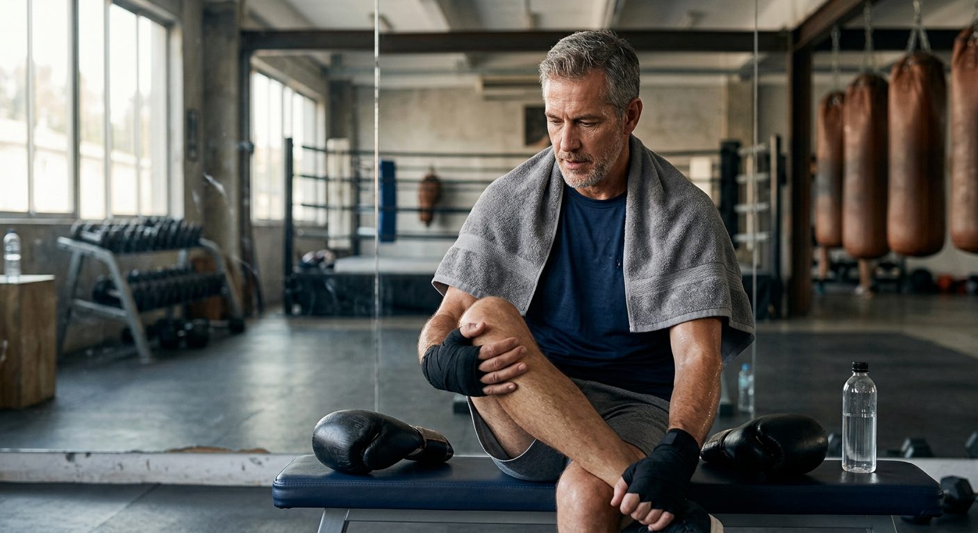 Mature man in recovery position after boxing training sitting on gym bench