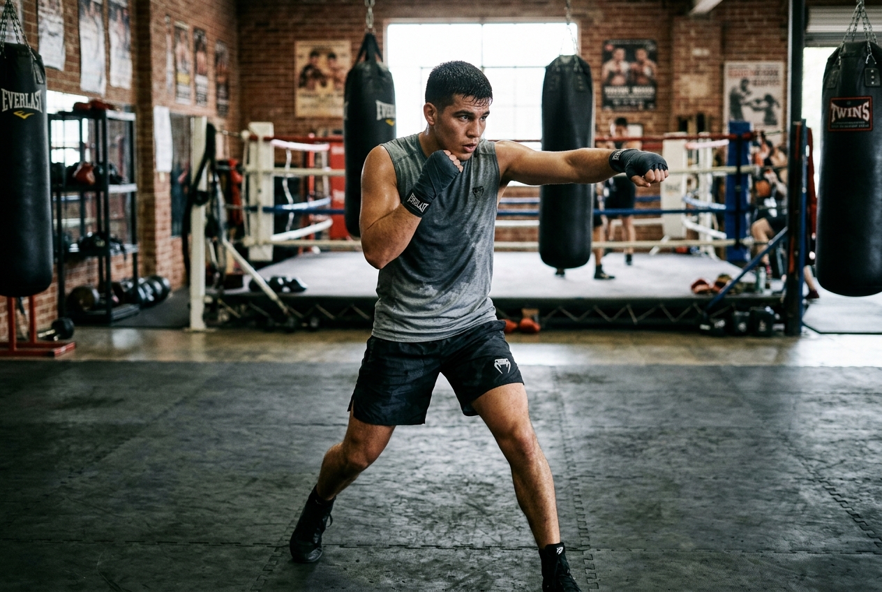Person shadow boxing in gym, practicing footwork and movement technique